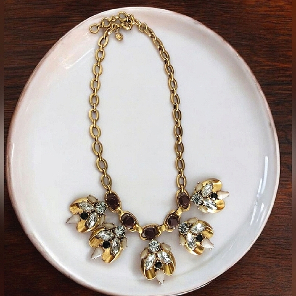 J. Crew Gold Tone Red & Blue Crystal Rhinestone Statement Necklace